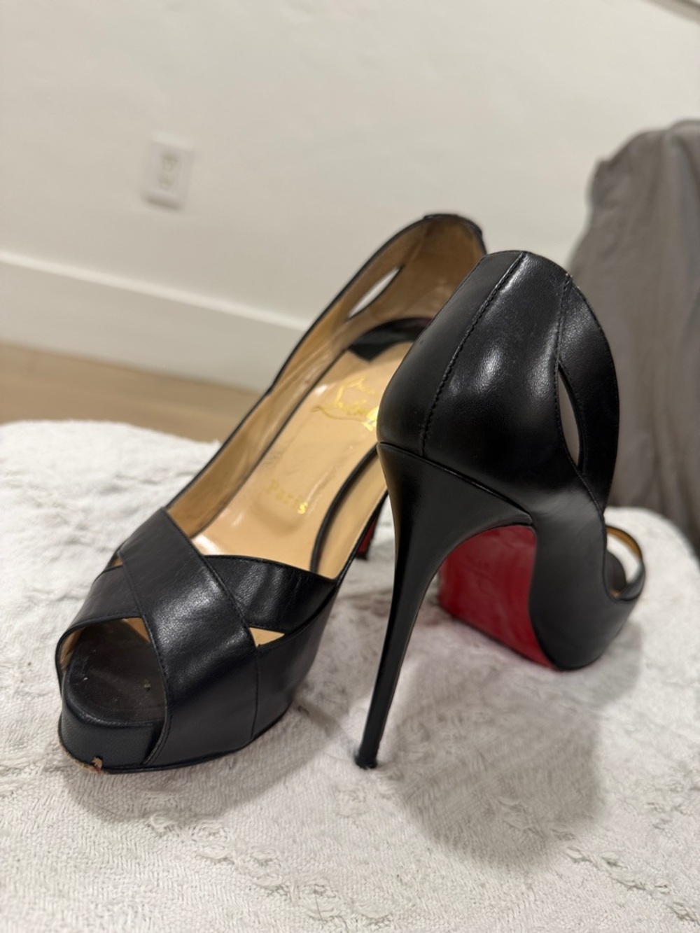 Christian Louboutin Academia Black Leather Peep-Toe Stiletto with Red Sole 37.5